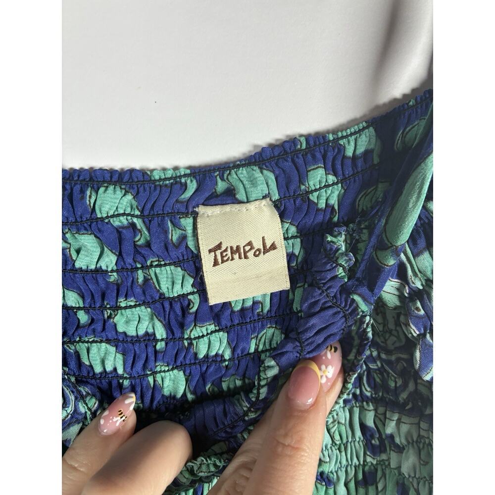 Tempol Silk Midi Dress Navy Teal Mixed Block Print Smocked Boho Chic Festival - Picture 4 of 7